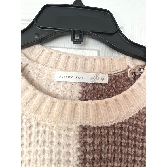 Altar'd State Womens XS Chenille Cropped Sweater Brown Cream Colorblock Striped - Picture 2 of 8
